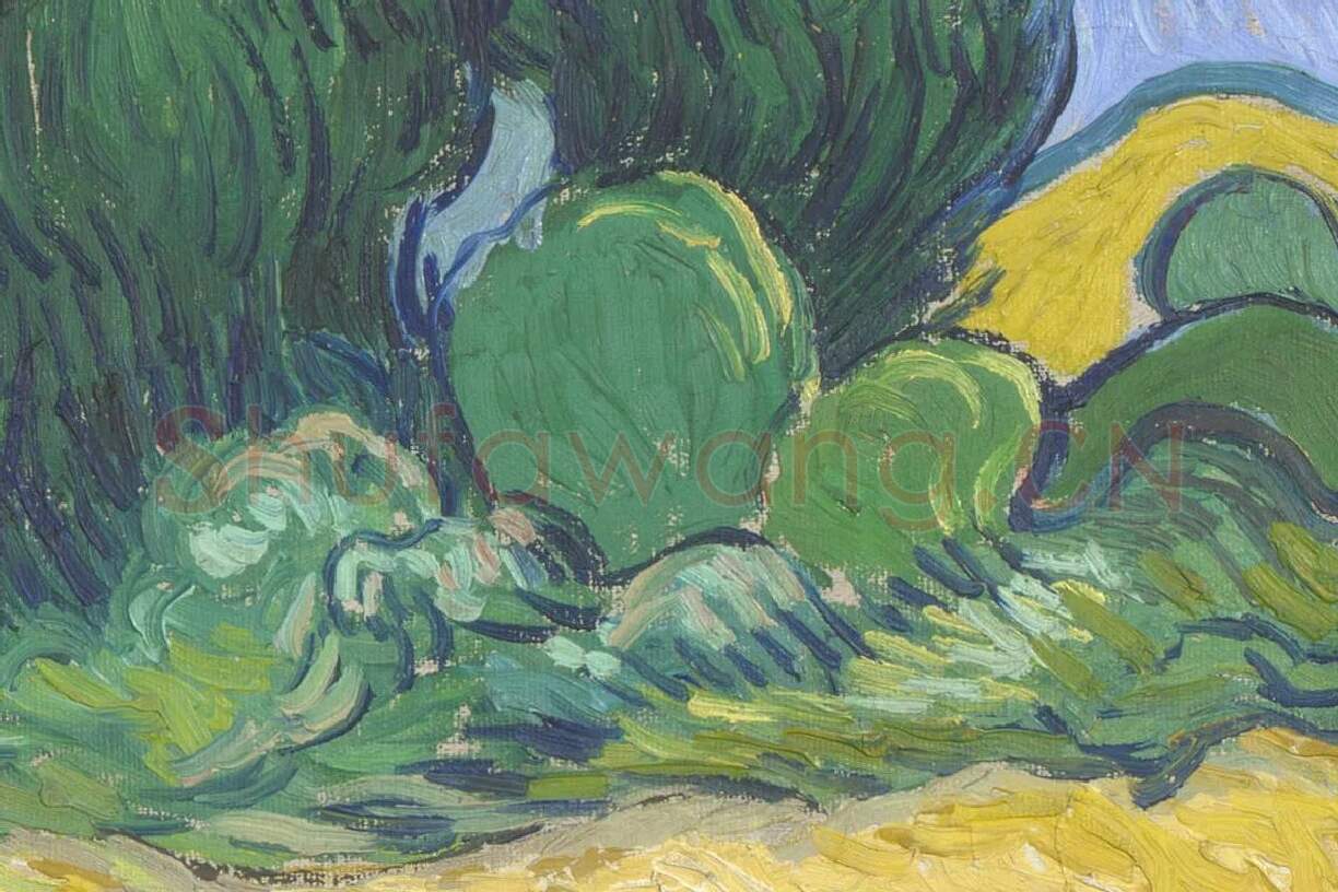 梵高油画风景作品《麦田的柏树》高清大图局部细节 (4)