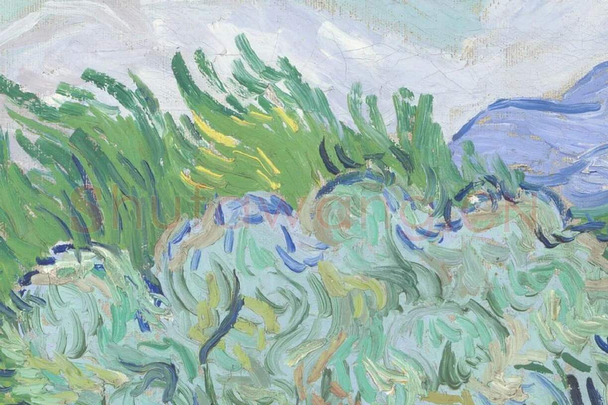梵高油画风景作品《麦田的柏树》高清大图局部细节 (6)
