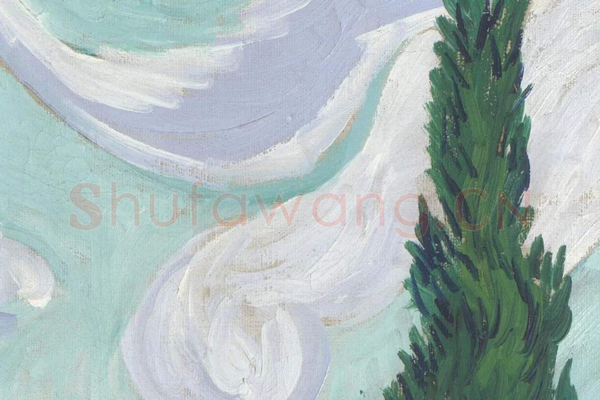 梵高油画风景作品《麦田的柏树》高清大图局部细节 (8)