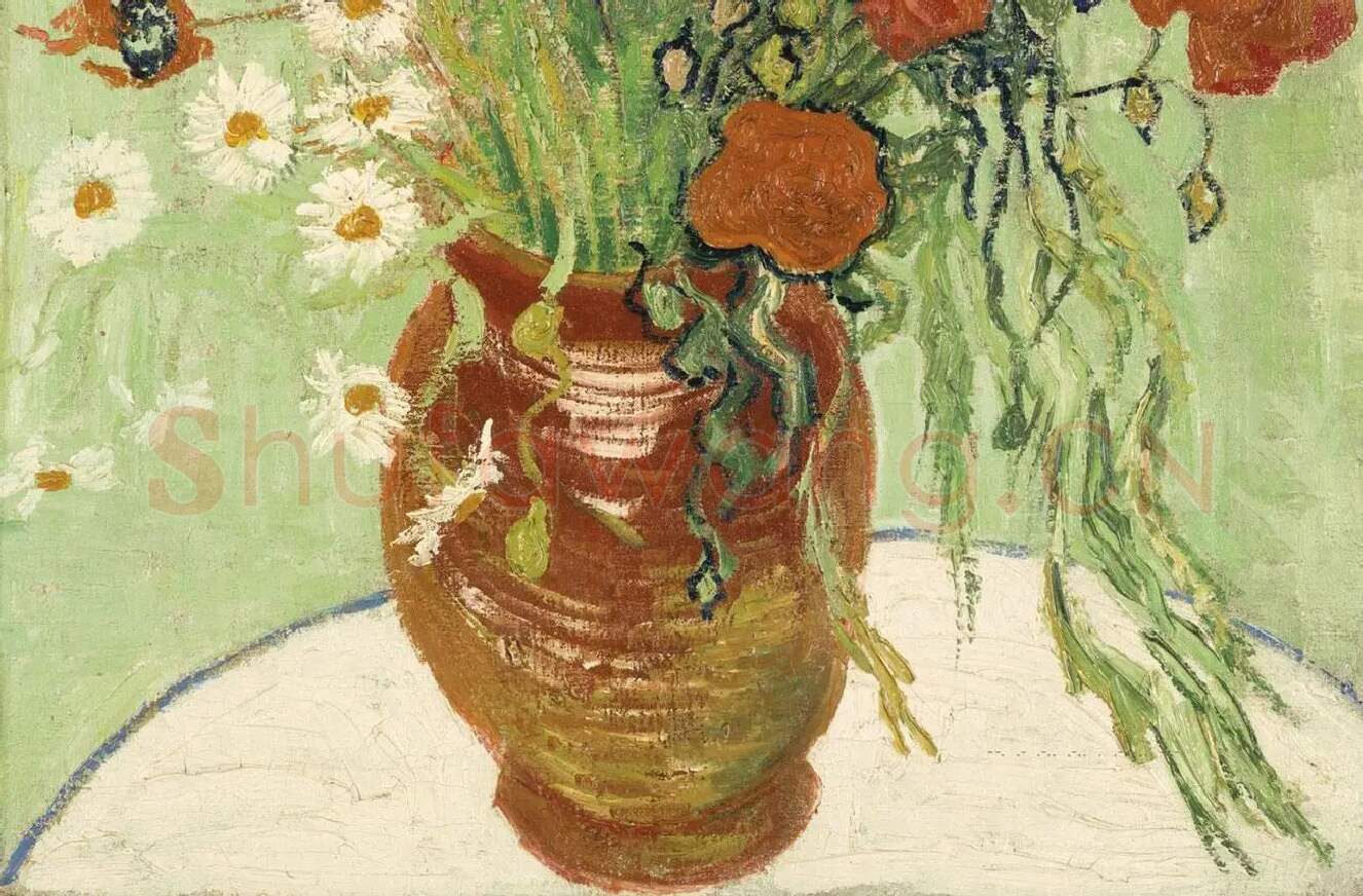 梵高花卉画作品《红色罂粟和雏菊》_02