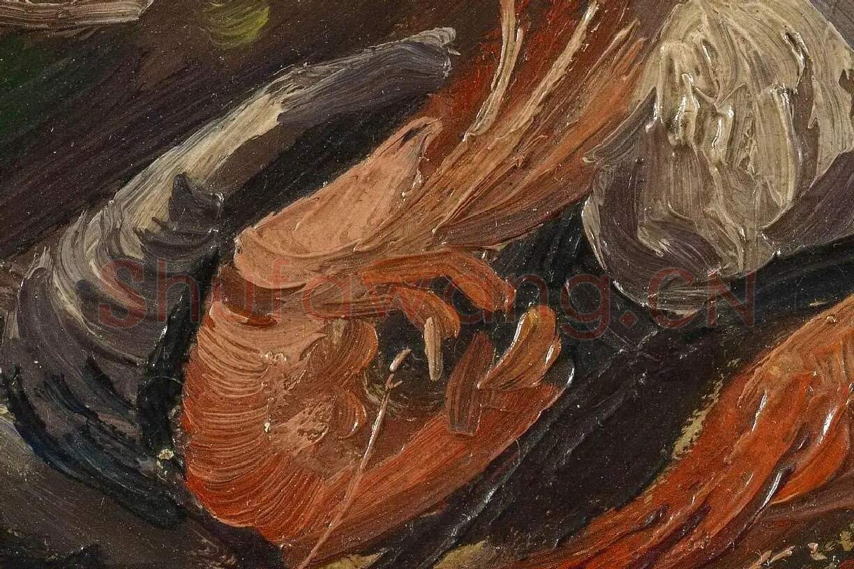 梵高油画静物《贻贝和虾的静物》高清大图局部细节 (1)