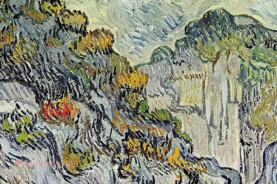 梵高风景画作品《佩洛峡谷》局部细节 (1)