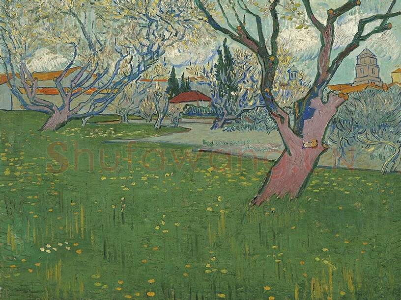 梵高油画风景《阿尔勒果园的春色》