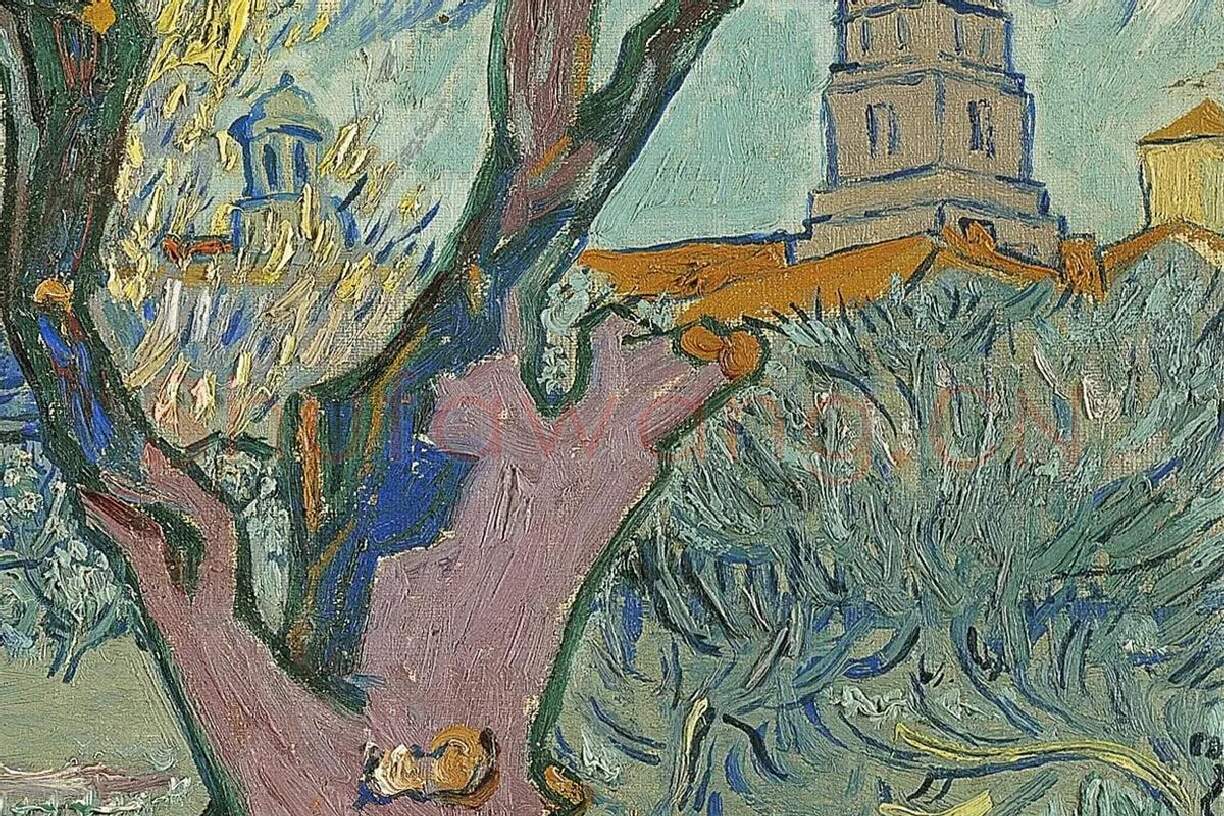 梵高油画风景《阿尔勒果园的春色》局部 (3)