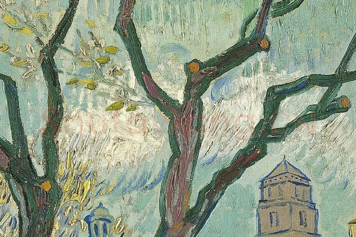 梵高油画风景《阿尔勒果园的春色》局部 (4)