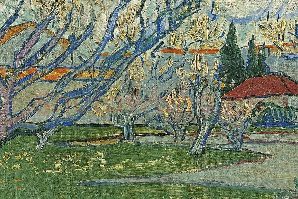 梵高油画风景《阿尔勒果园的春色》局部 (5)