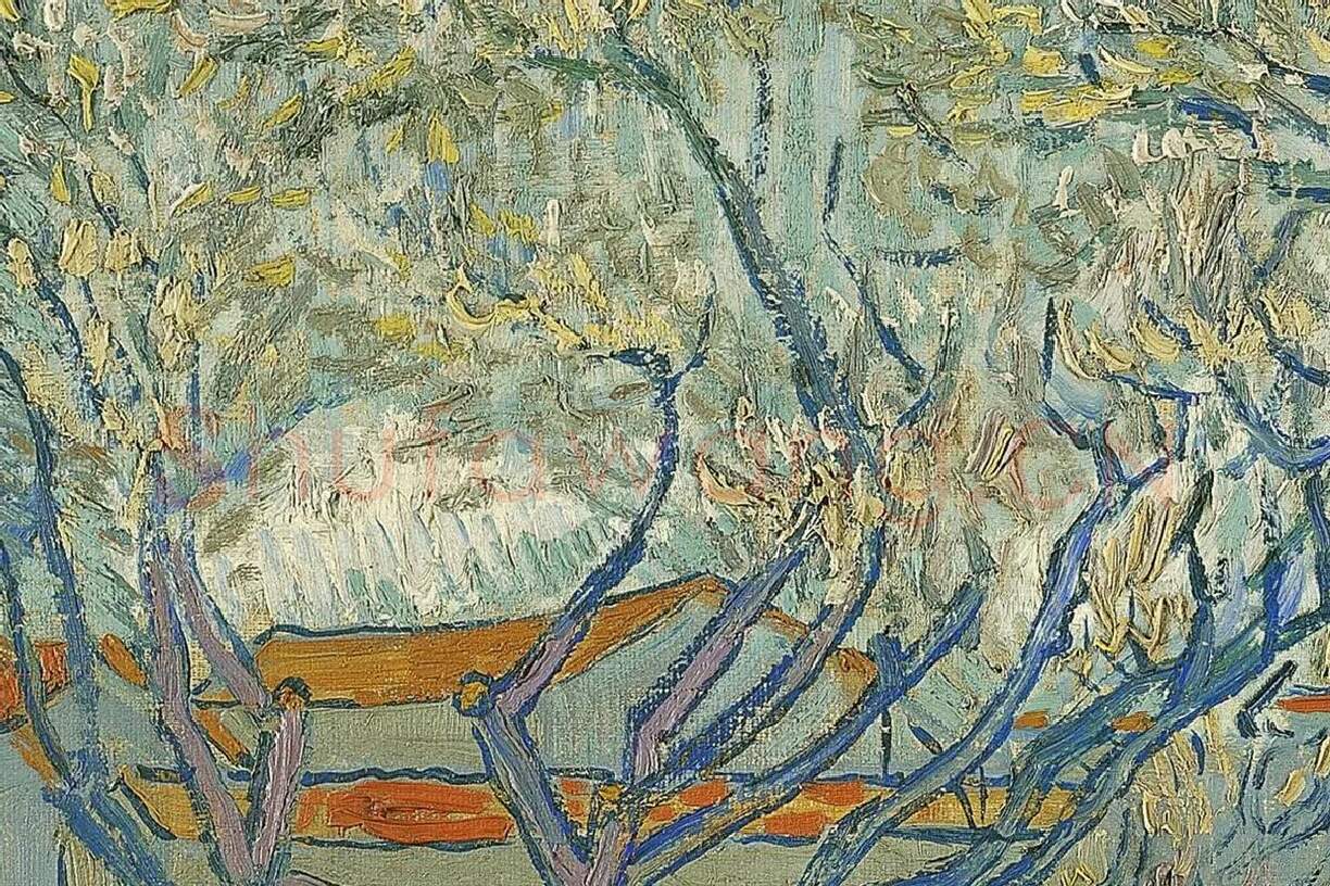 梵高油画风景《阿尔勒果园的春色》局部 (6)