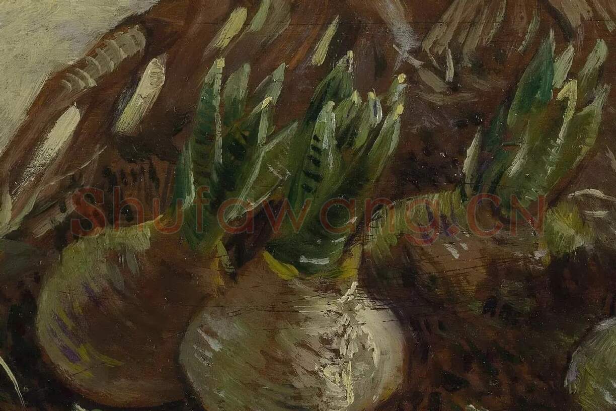 梵高油画《一篮子风信子球茎》局部细节 (1)