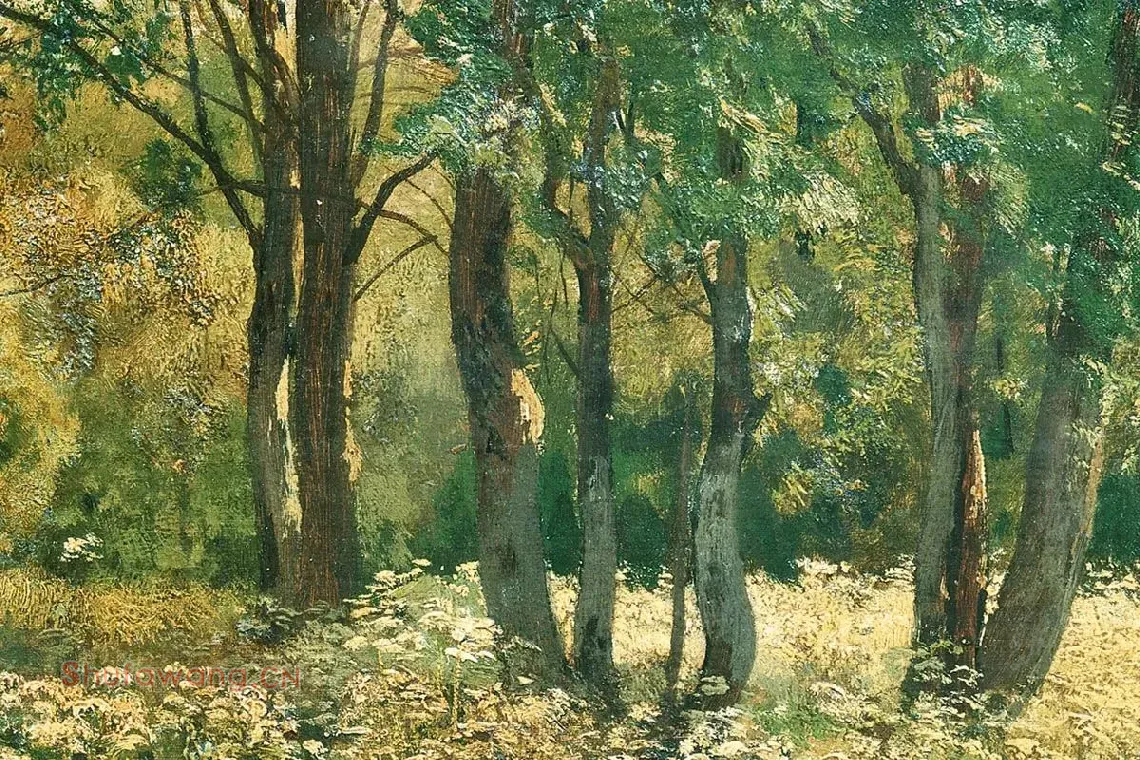 希施金油画风景作品《树林中草地上的野花》局部 (3)