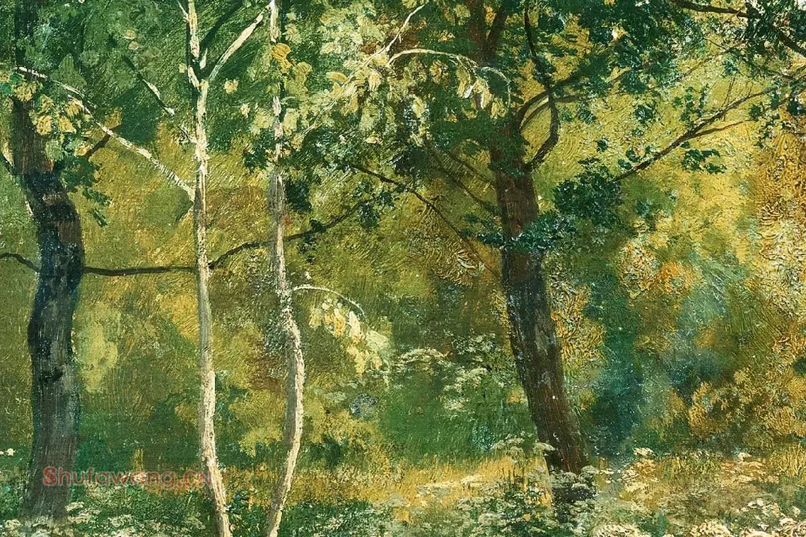 希施金油画风景作品《树林中草地上的野花》局部 (4)
