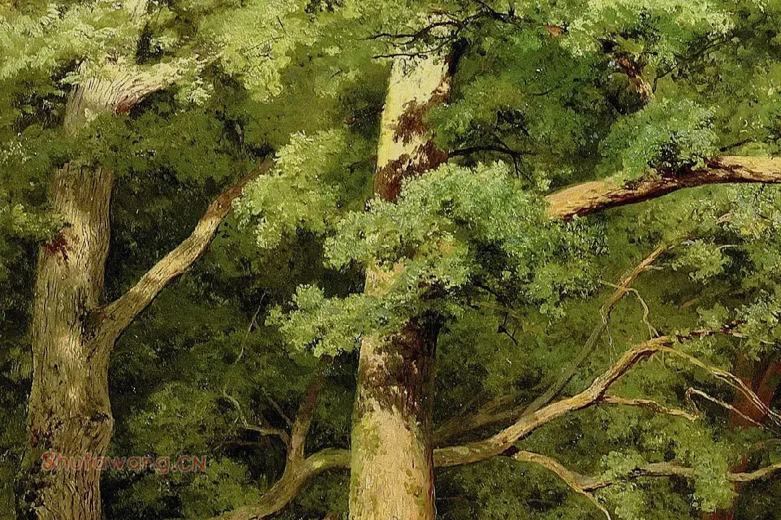 希施金森林空地上的大树与野花风景画局部 (1)