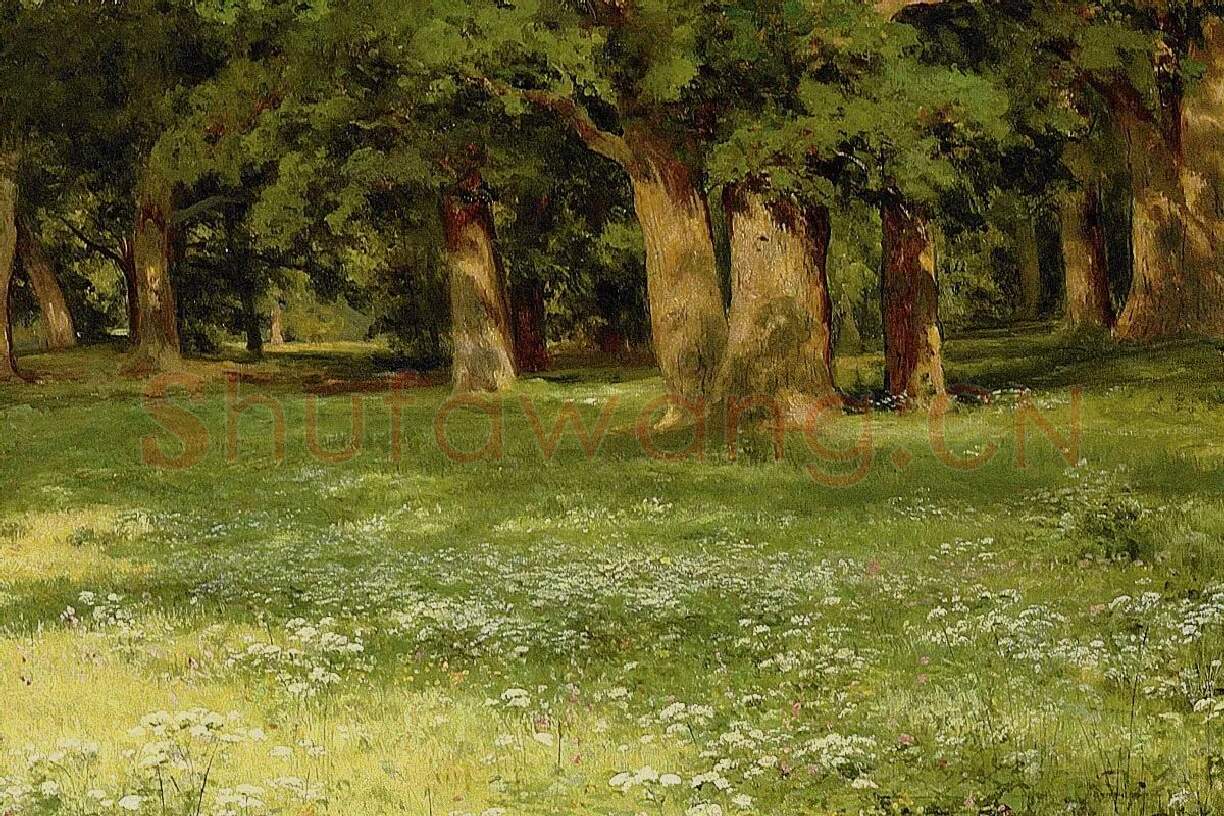 希施金森林空地上的大树与野花风景画局部 (3)