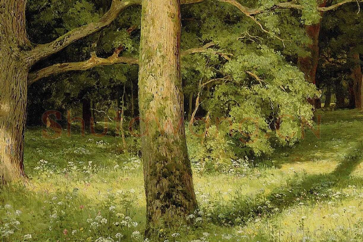 希施金森林空地上的大树与野花风景画局部 (4)