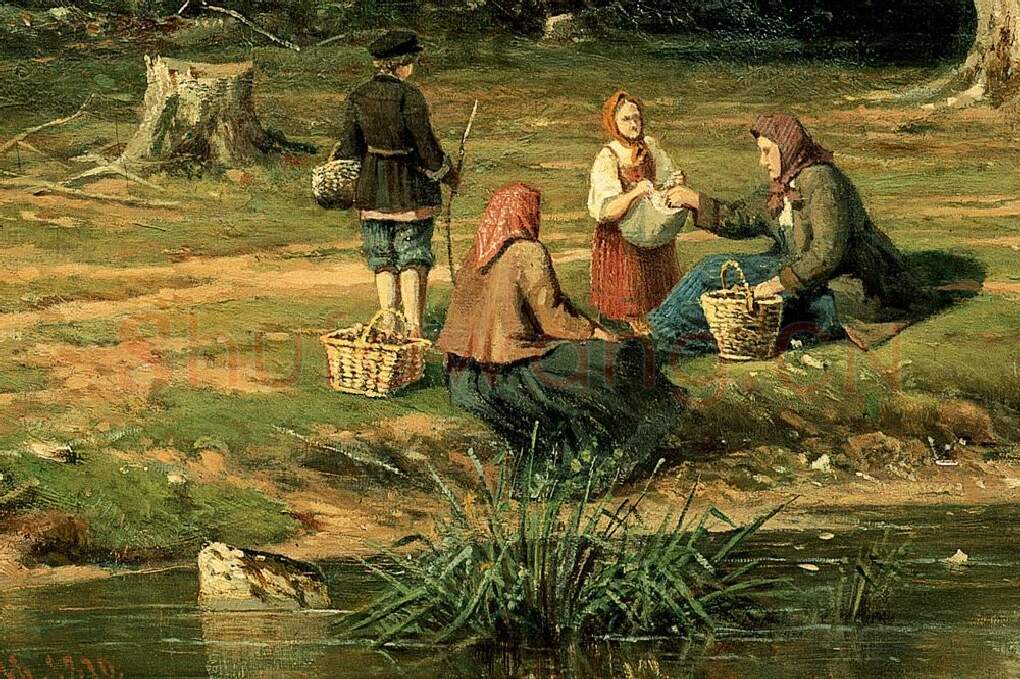 希施金油画《采集蘑菇的农妇》局部 (1)