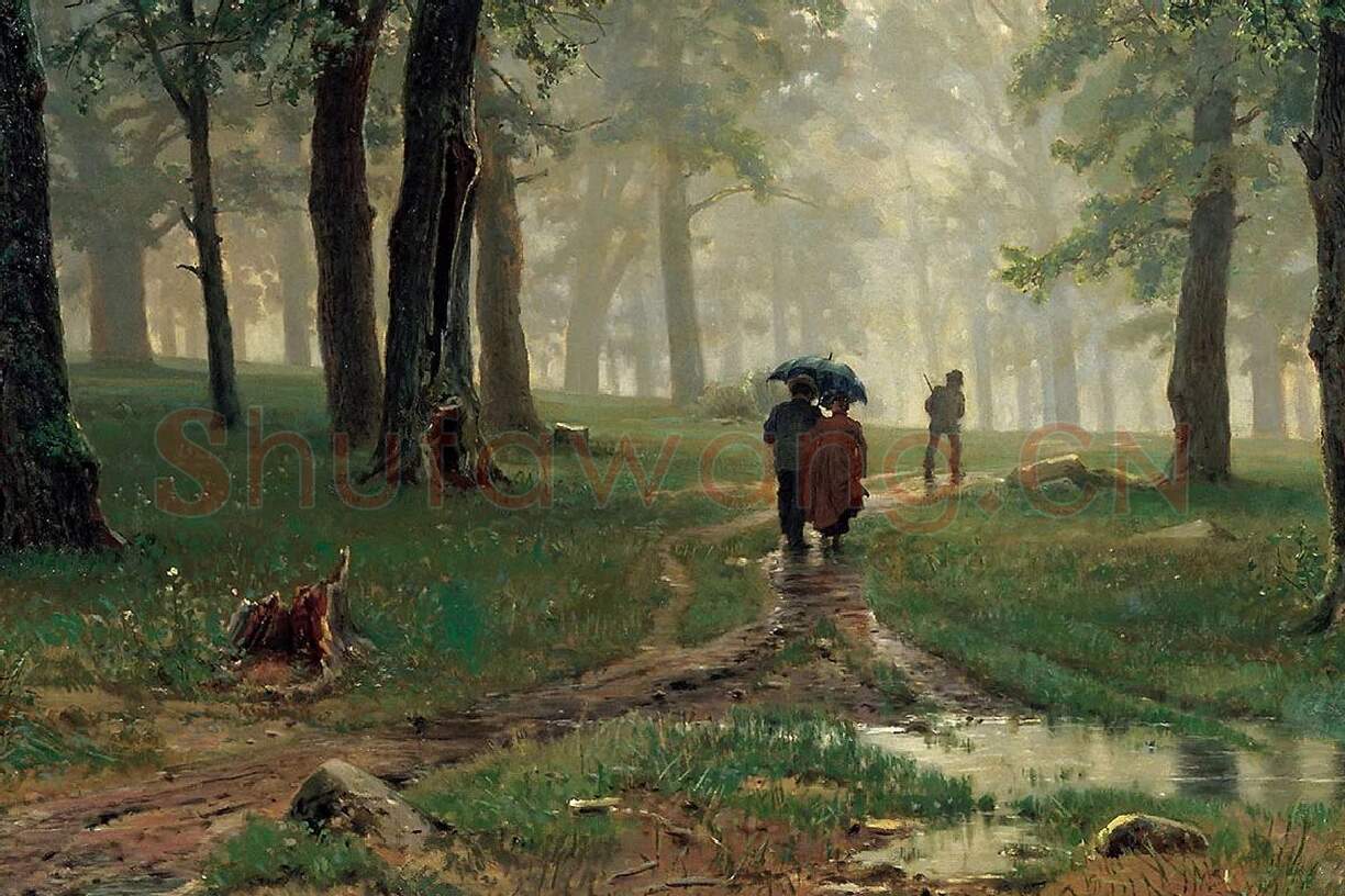 希施金油画风景《橡树林中的雨》局部 (1)