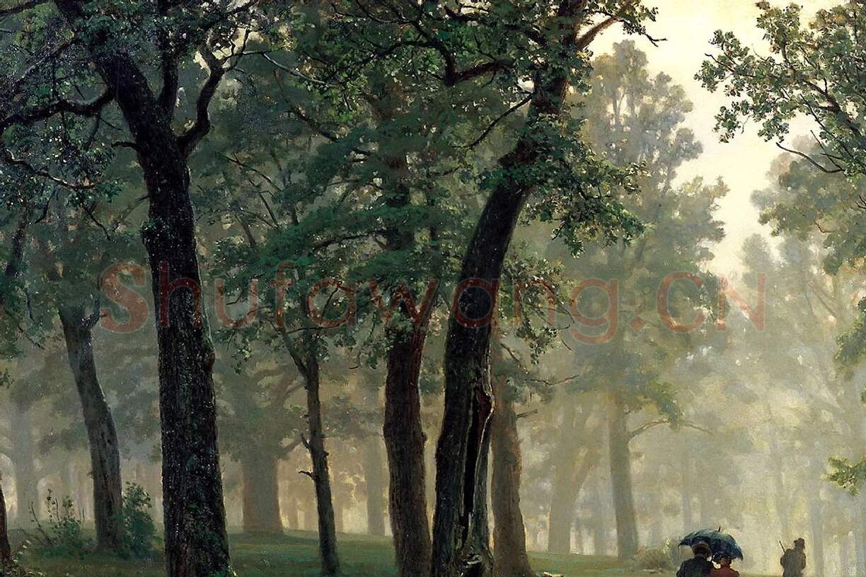 希施金油画风景《橡树林中的雨》局部 (2)