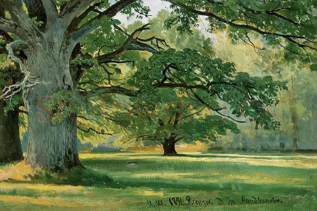 希施金油画橡树风景《草地上的橡树》局部 (1)