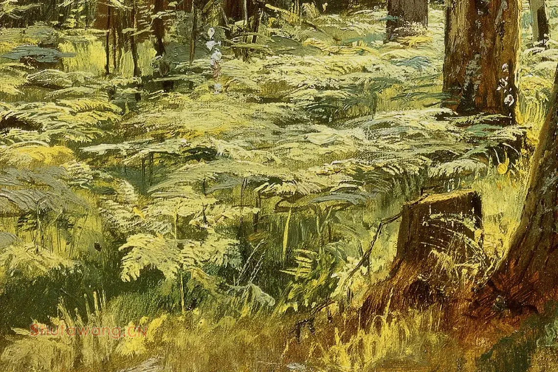 希施金风景油画《森林里的蕨类植物》局部 (4)