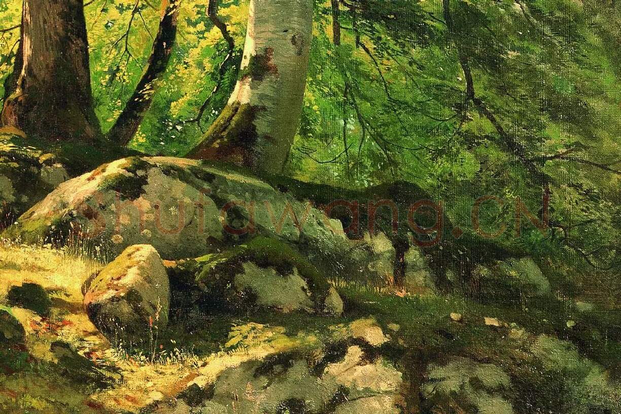 希施金油画风景《瑞士的水青冈森林》局部 (2)