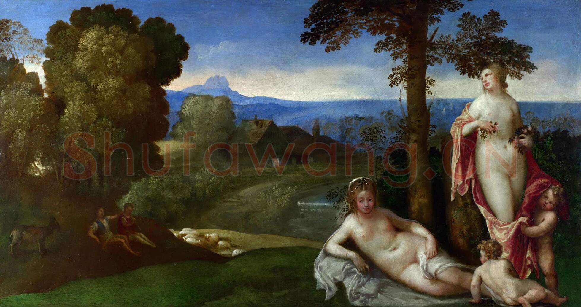 乔尔乔内油画作品《风景中的仙女和儿童与牧羊人》