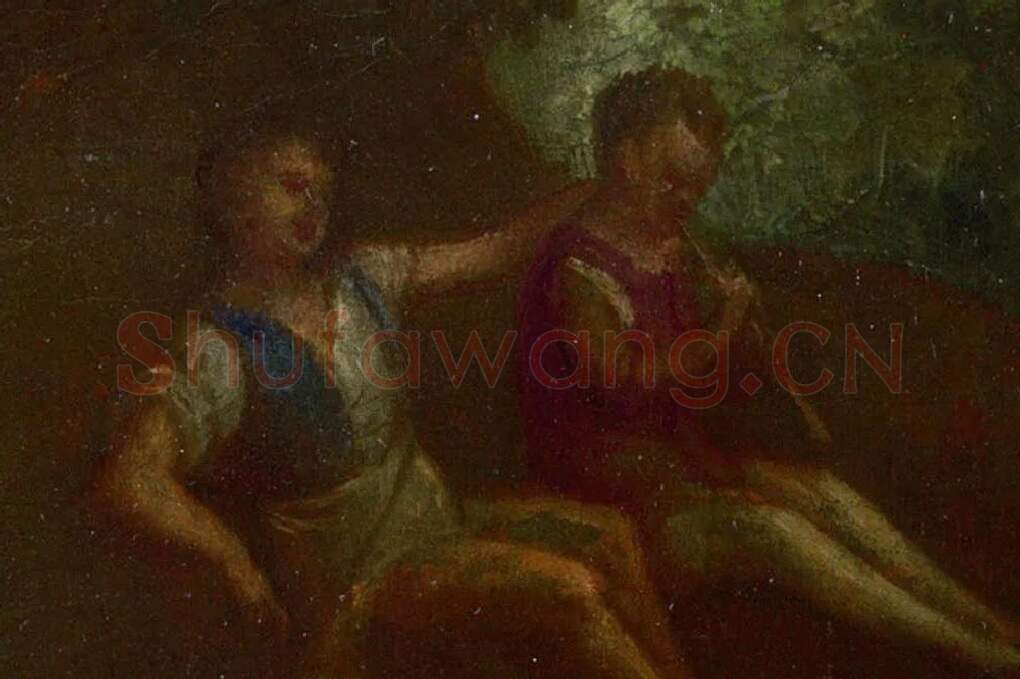 乔尔乔内油画作品《风景中的仙女和儿童与牧羊人》局部 (1)