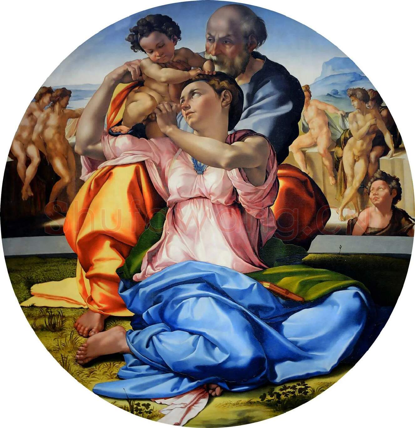 米开朗基罗油画作品《圣家与圣洗者约翰》高清大图