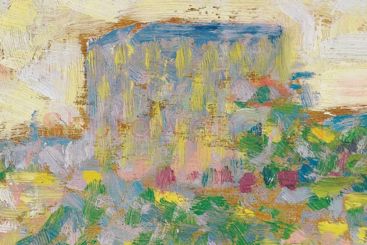 乔治·修拉油画风景写生《带塔楼的湖泊风景》局部 (1)