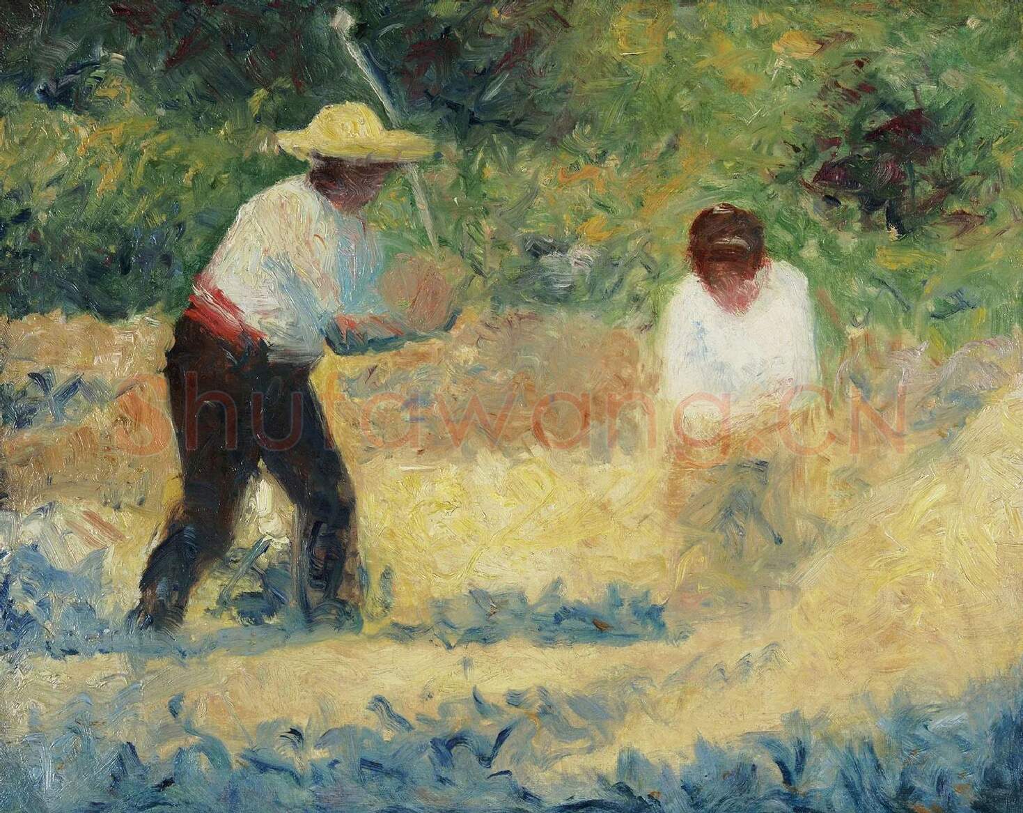 乔治·修拉油画作品《打麦场劳作的农民》