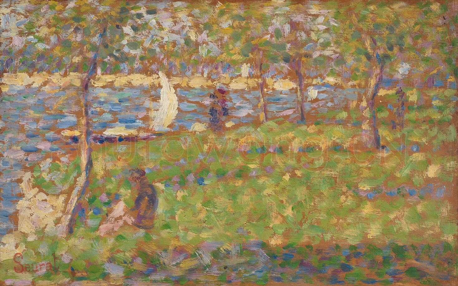 新印象派“修拉”点彩油画写生作品《有帆船的风景》