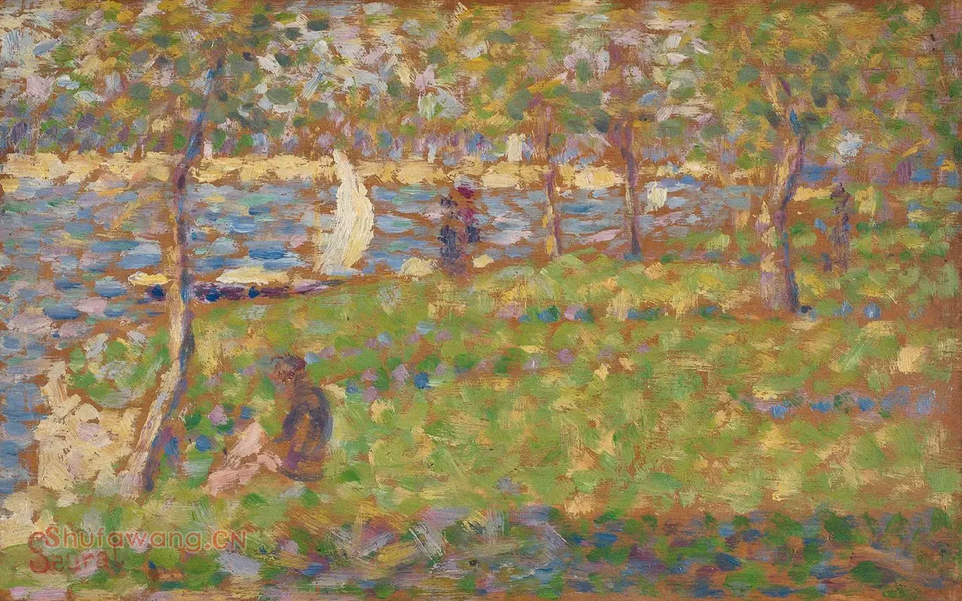 新印象派“修拉”点彩油画写生作品《有帆船的风景》