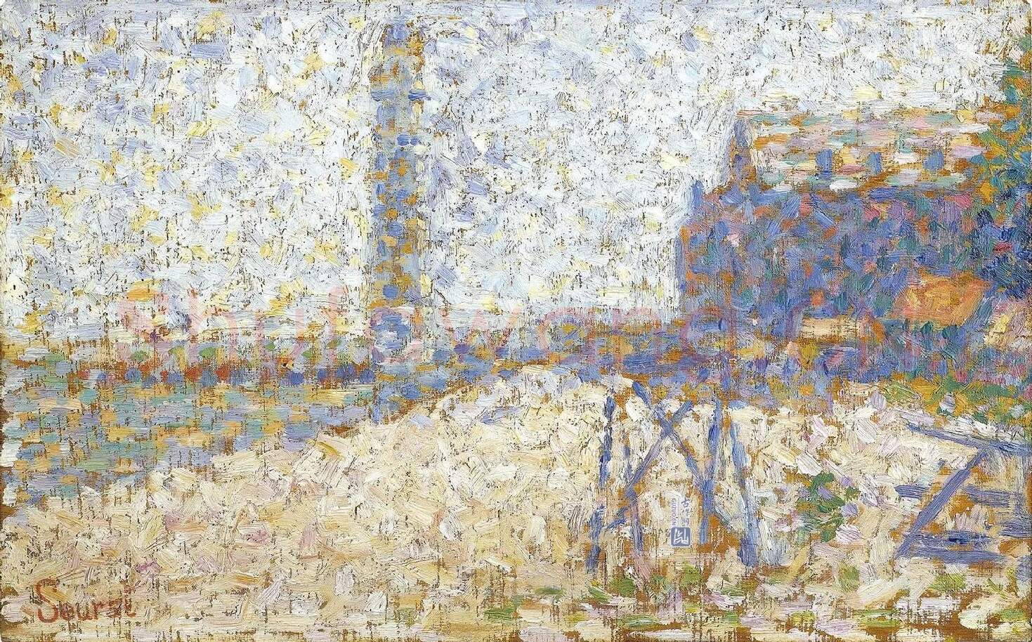 修拉点彩画风景作品《敬老院和灯塔》