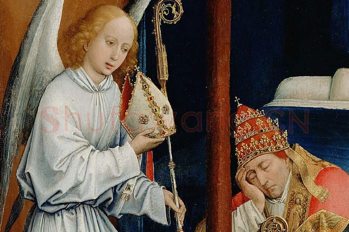 维登宗教画作品《圣休伯特祭坛画》局部 (1)