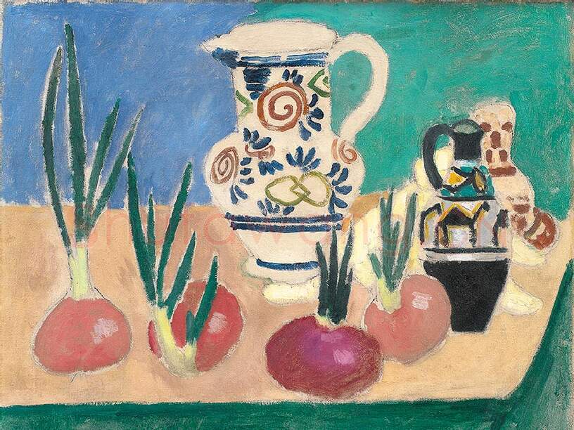 马蒂斯油画静物《粉色洋葱与罐子》