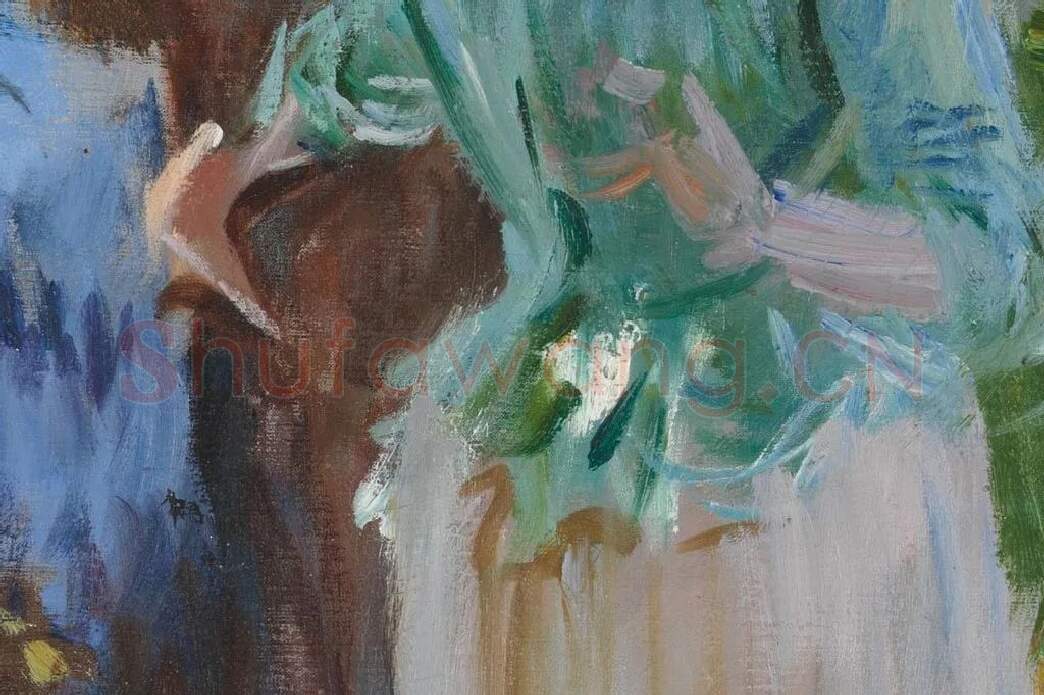 萨金特印象派风格油画作品《两个打阳伞的女孩》局部 (5)