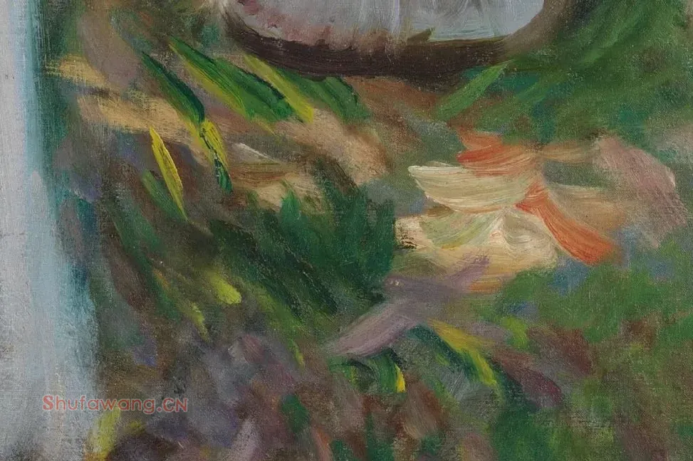 萨金特印象派风格油画作品《两个打阳伞的女孩》局部 (6)