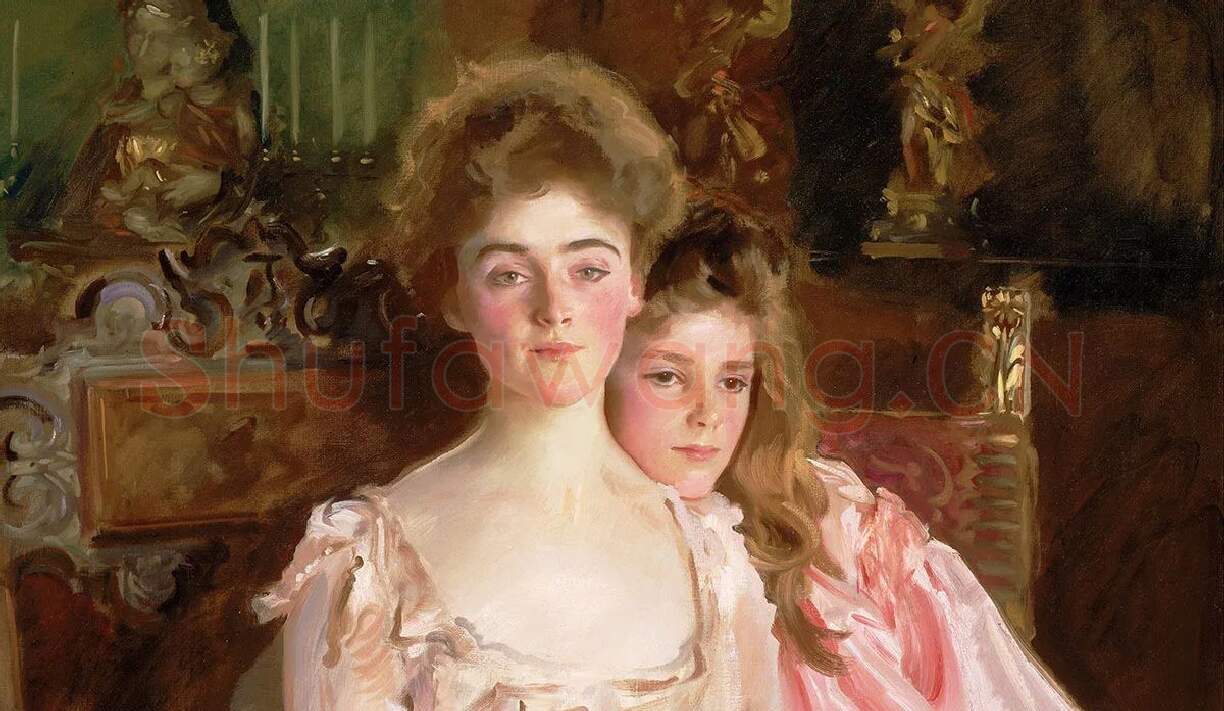 萨金特的女性人物肖像油画《沃伦太太和她的女儿》_02
