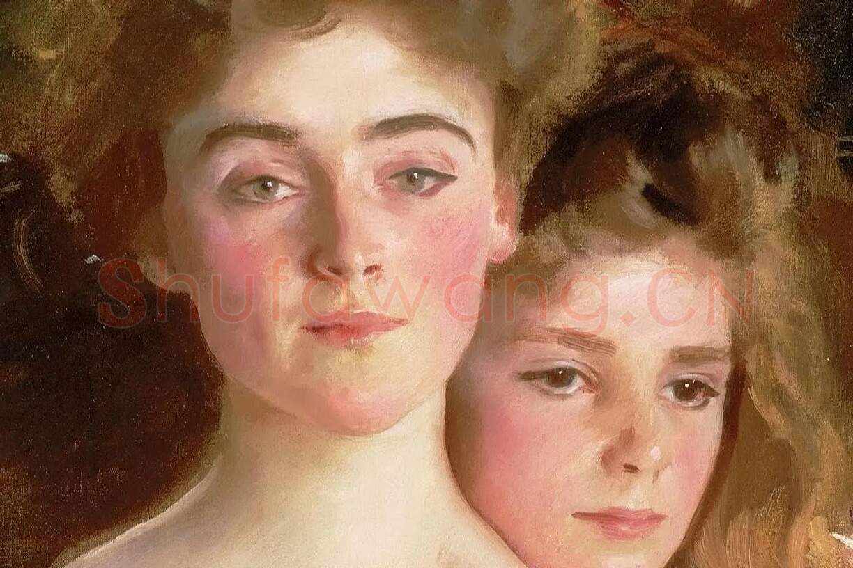 萨金特的女性人物肖像油画《沃伦太太和她的女儿》局部 (1)