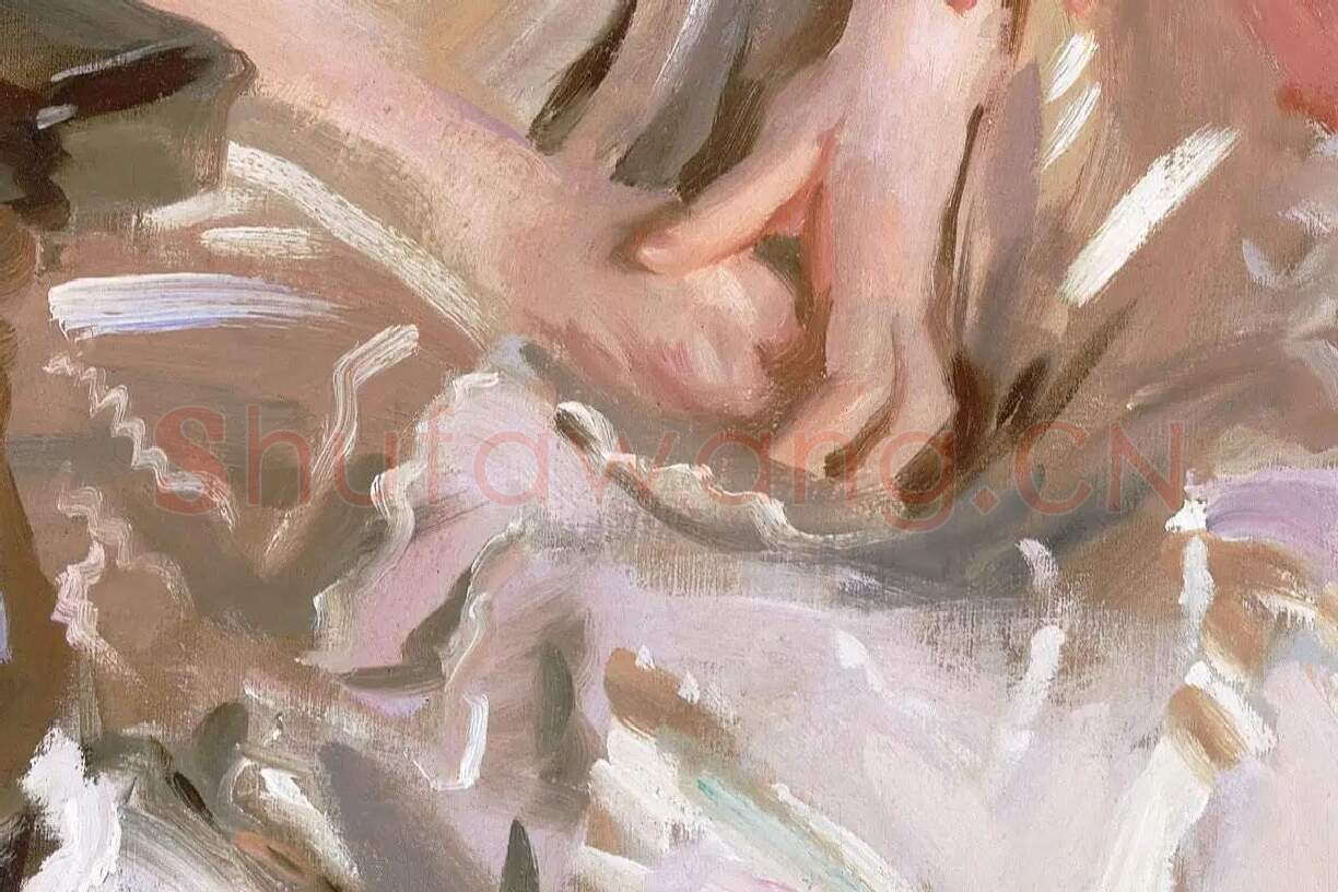 萨金特的女性人物肖像油画《沃伦太太和她的女儿》局部 (5)