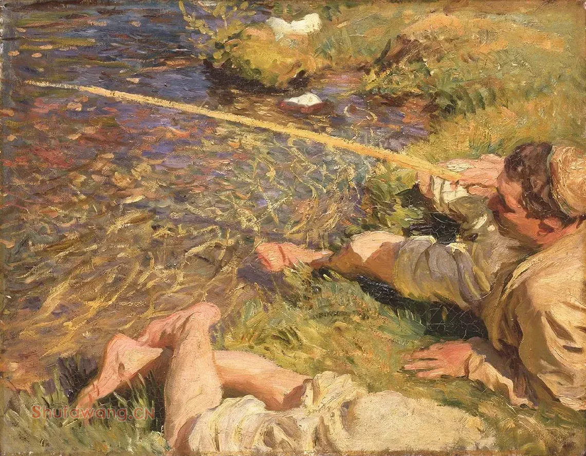 萨金特印象派风格油画作品《钓鱼的男人》