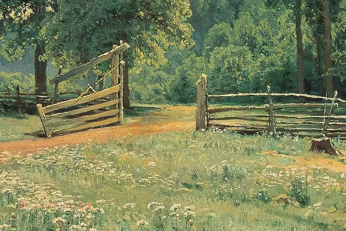 希施金树林与草地风风景画作品局部 (1)