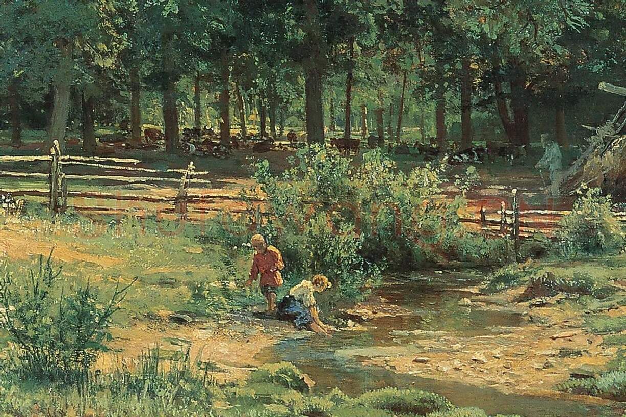 希施金树林与草地风风景画作品局部 (2)