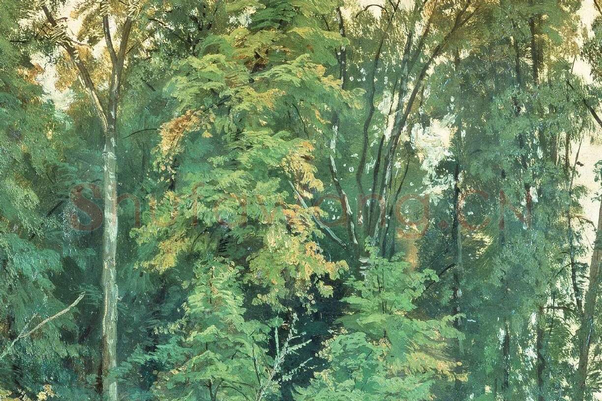 希施金风景画池塘边的树林局部 (1)