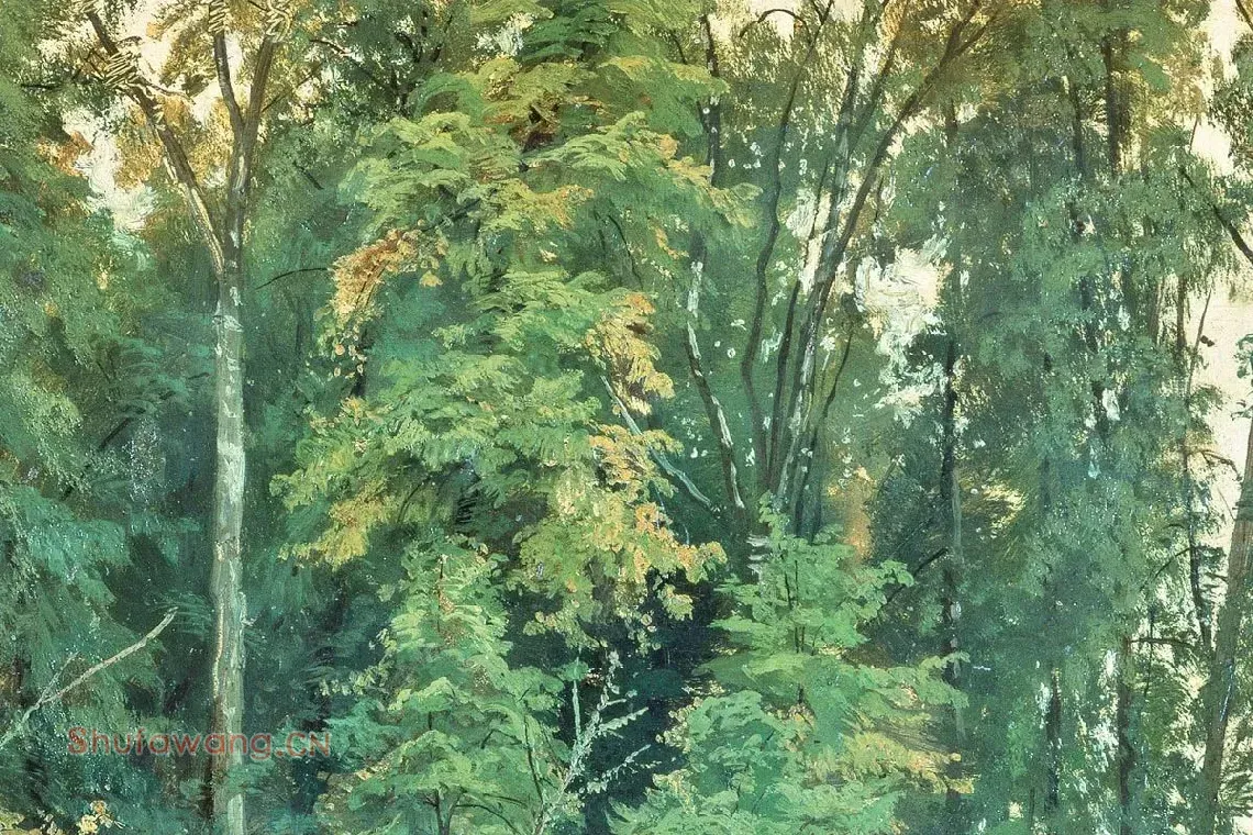希施金风景画池塘边的树林局部 (1)