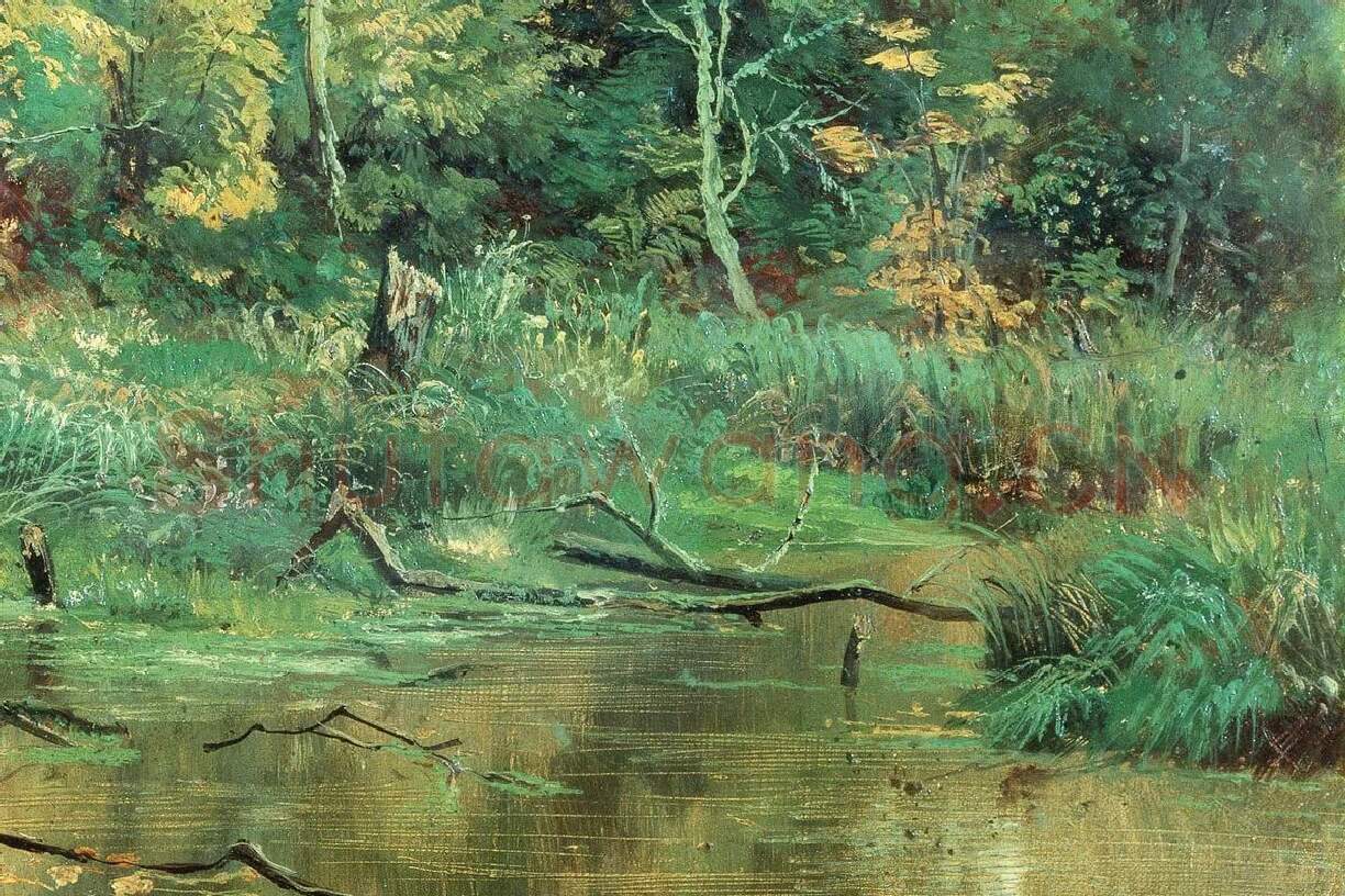 希施金风景画池塘边的树林局部 (3)