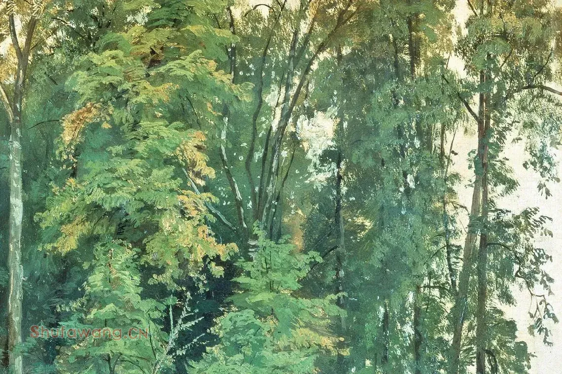 希施金风景画池塘边的树林局部 (4)