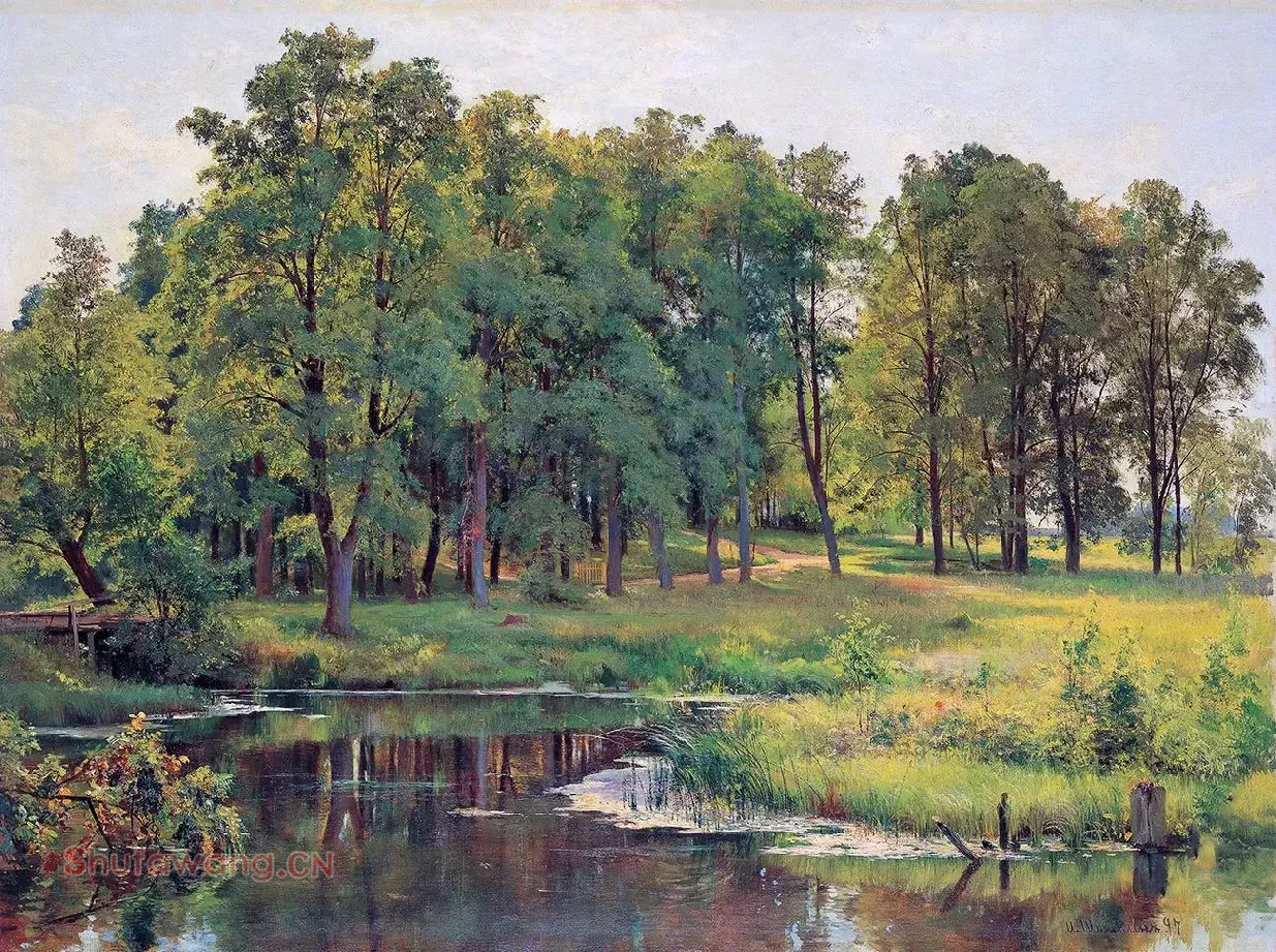 希施金写实风景油画-池塘边的草地与树林