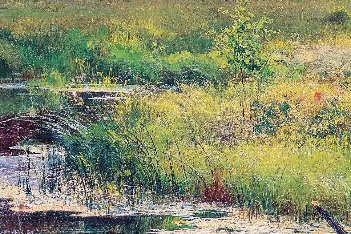 池塘边的草地与树林油画风景局部 (1)