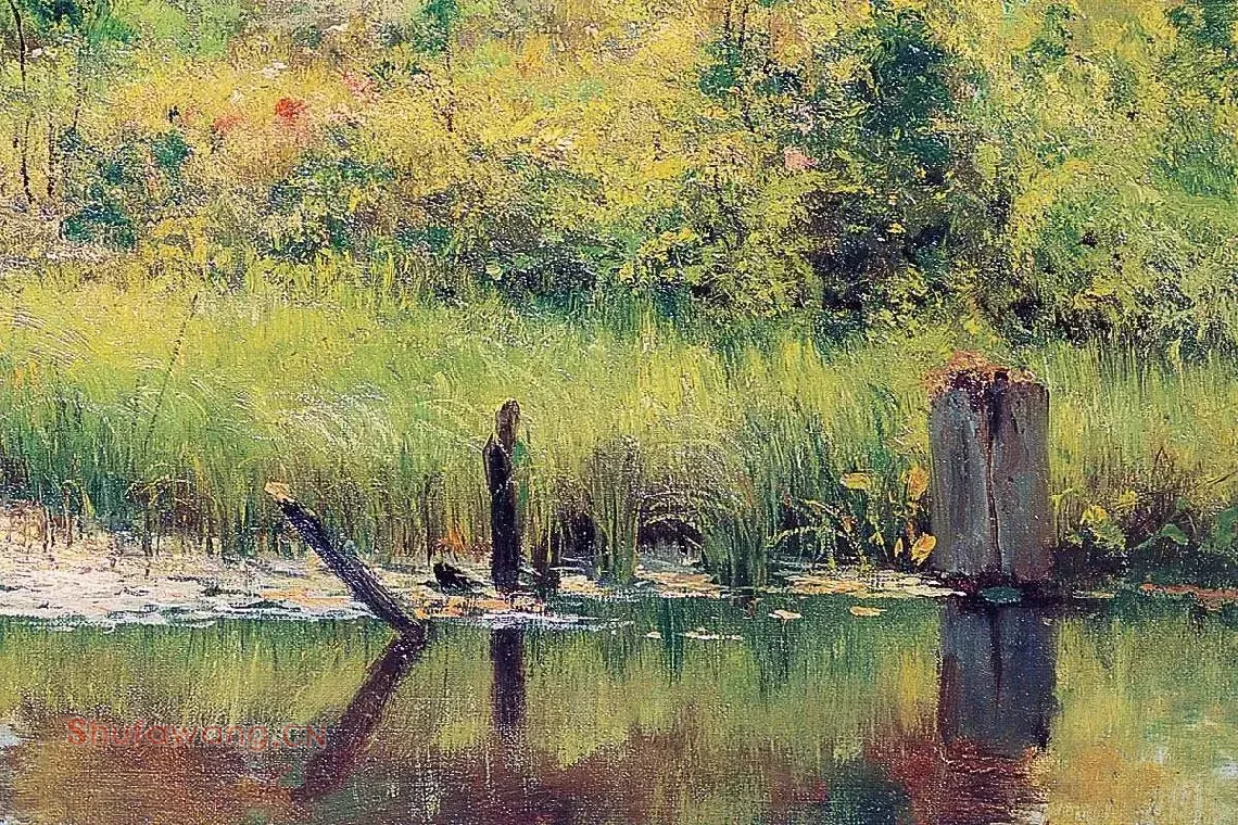 池塘边的草地与树林油画风景局部 (2)