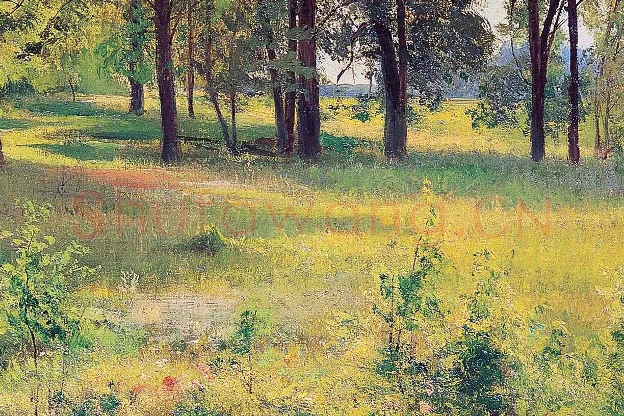 池塘边的草地与树林油画风景局部 (3)