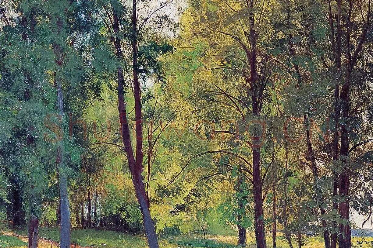 池塘边的草地与树林油画风景局部 (4)